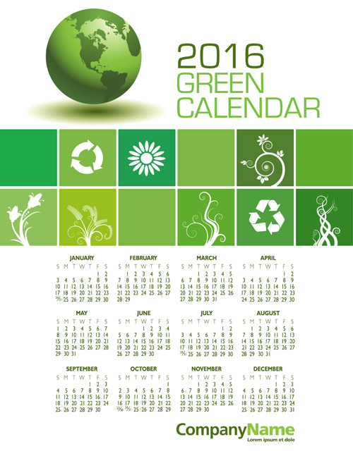 2016 Calendar with green globe vector 03  