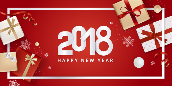 Neujahrsgeschenkbox 2018 mit rotem Hintergrundvektor 05  