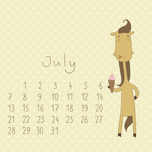 Cute Cartoon July Calendar design vector  