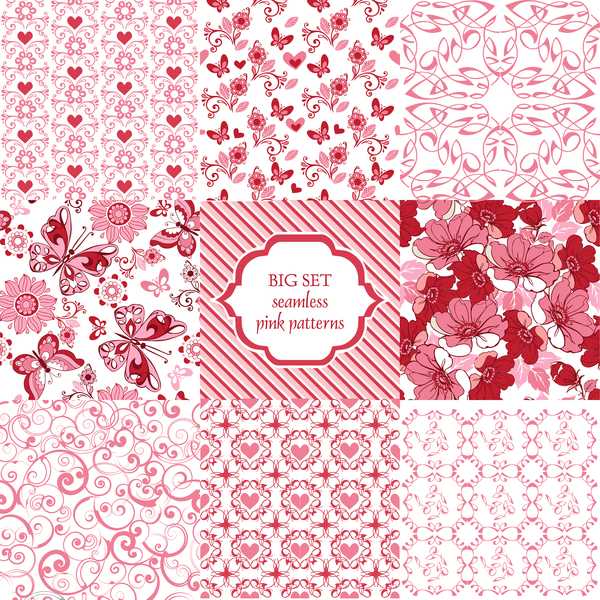 9 Seamless ornament pattern with pink hearts and butterflies vector  