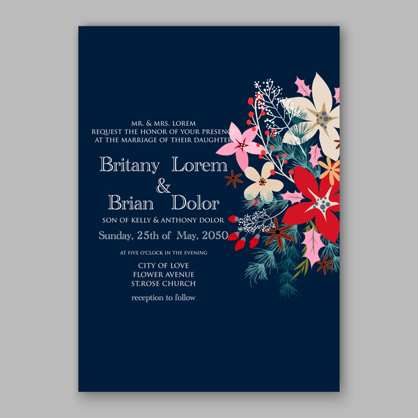 Blaue Hochzeitskarten-Vorlage mit elegantem Blumenvektor 01  