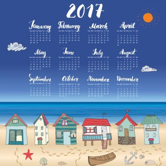 Kalender 2017 mit Strandhaus-Vektor 03  