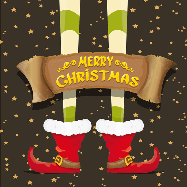 Cartoon elfs legs with retro christmas banner vector 12  