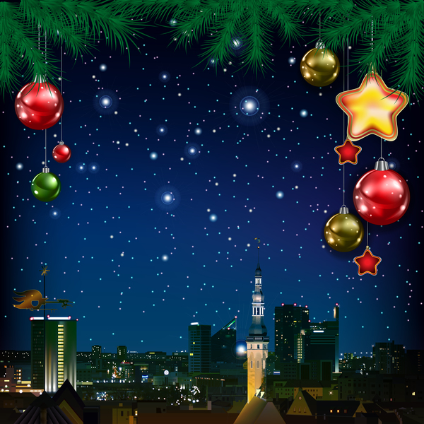Weihnachtsblaue Grußkarte mit Kiefernniederlassung und Panorama des Stadtvektors  