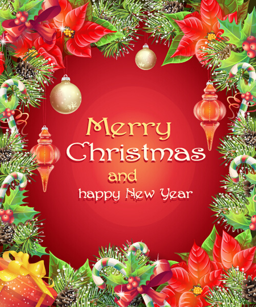Christmas elements frame with red background vector  