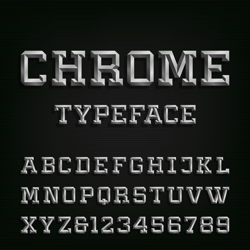 Chrome alphabet with numbers vector set  