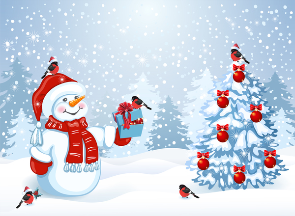 Bonhomme de neige mignon avec le vecteur de l'arbre de Noël 02  