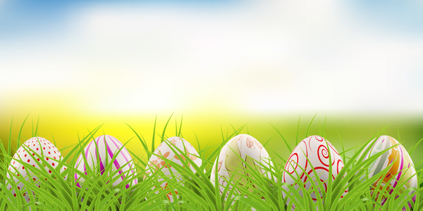 Carte postale de Pâques avec les oeufs décorés et vecteur de l’herbe verte 03  