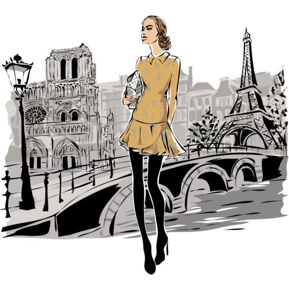 Hand drawn gril with paris travel background vector 03  