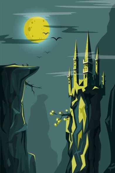 神秘的な城のベクトルと夜の風景  