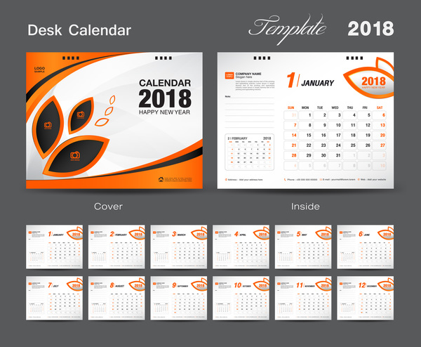 2018年のベクトルテンプレート09のためのオレンジカバーデスクカレンダー  