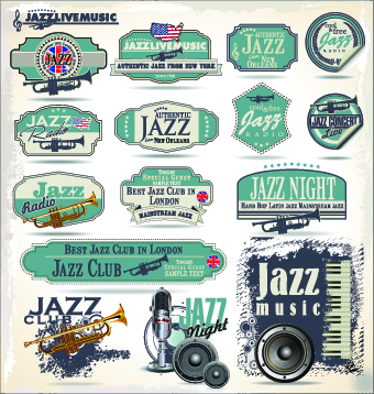 Retro rock music and jazz labels vector 08  