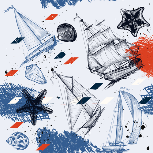 Seamless pattern with ships hand drawn vector 02  