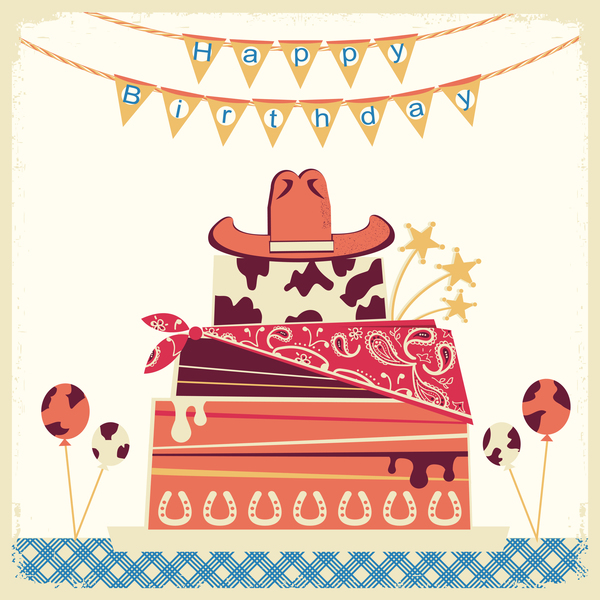carte de joyeux anniversaire de cowboy avec gâteau et chapeau le vecteur  