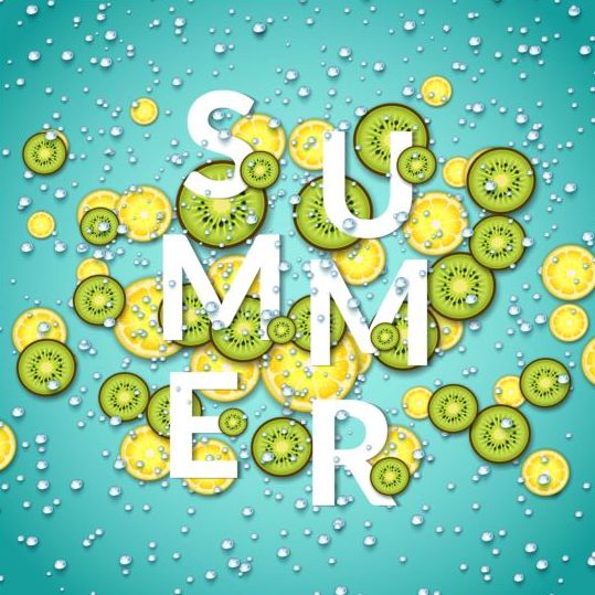 kiwi and limon slices with fizzy water background vector  