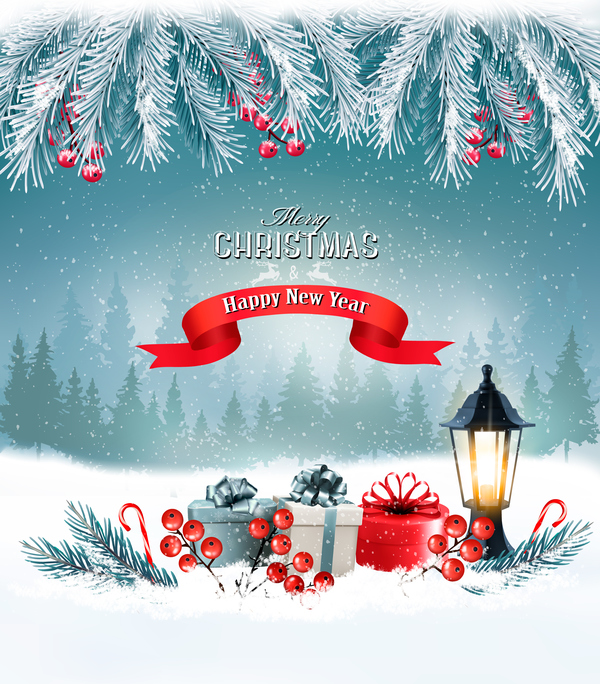carte de voeux joyeux Noël avec paysage d'hiver et vecteur de lanterne  
