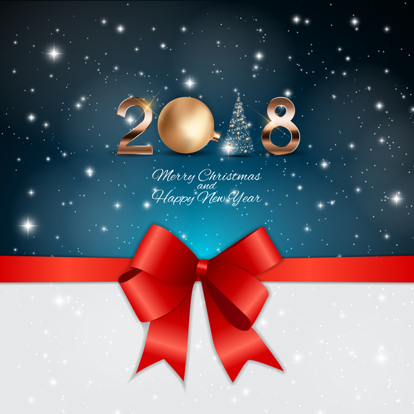 Neues Jahr 2018 und Weihnachtskarte mit rotem Bogenvektormaterial  