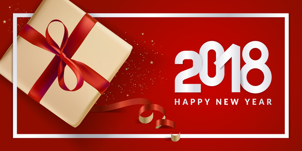 Neujahrsgeschenkbox 2018 mit rotem Hintergrundvektor 04  