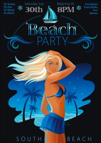 Poster di festa in spiaggia con bella ragazza vettoriale 03  