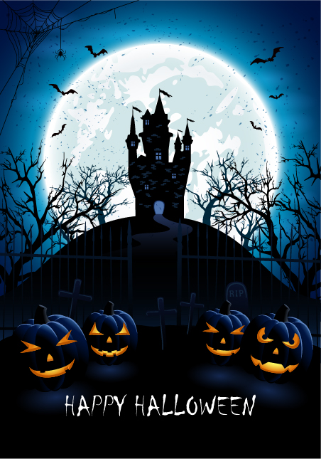 Blue Halloween background with castle and pumpkins vector  