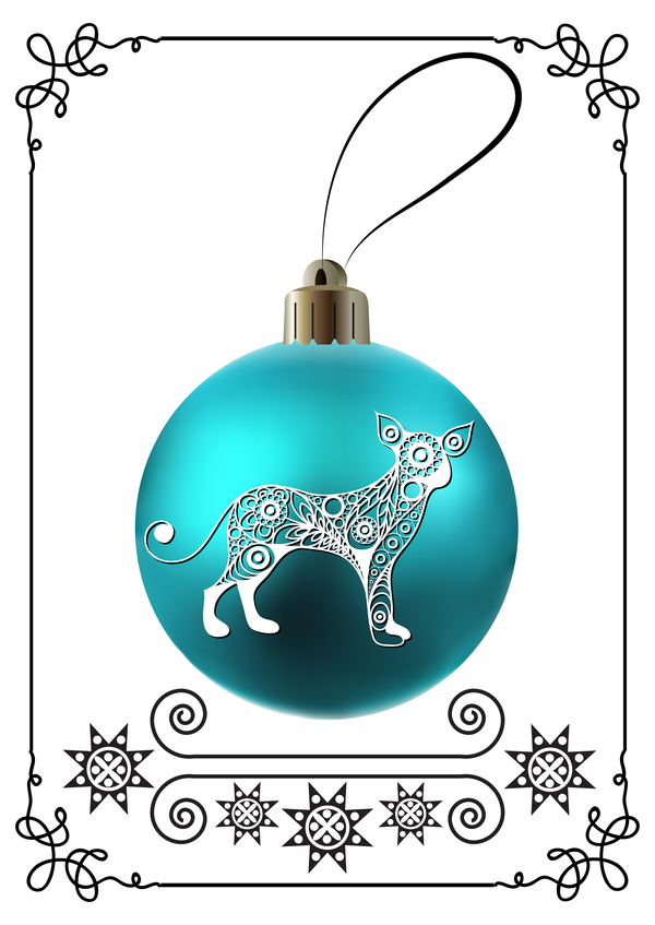 新しい年の犬のフレームベクトル02とブルークリスマスボール  