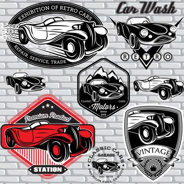 Car wash with vintage car logos vector  