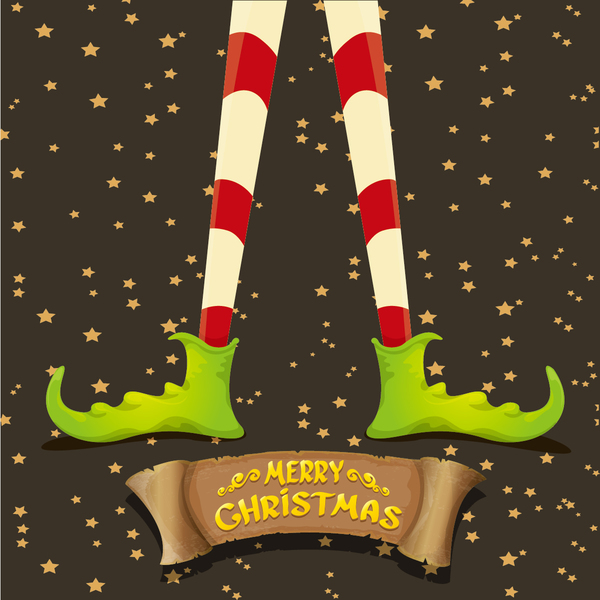 Cartoon elfs legs with retro christmas banner vector 03  