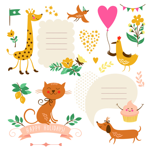 Cute animals with labels design vector 01  