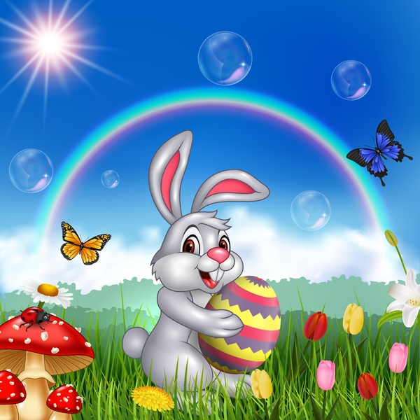 Cute bunny easter background with rainbow vector 05  