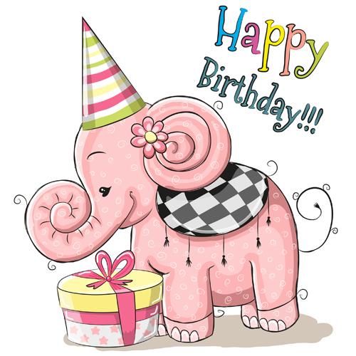 Cute elephant happy birthday cards vector  