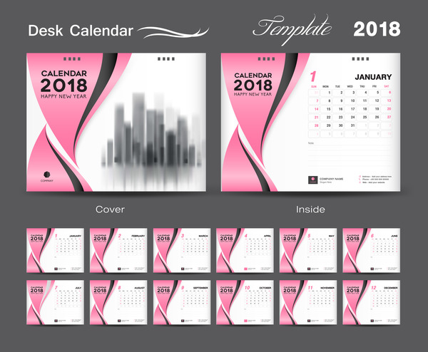 デスクカレンダー2018テンプレートデザイン、ピンクカバーベクトル08  