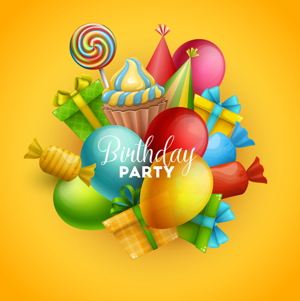 Gifts and sweets with birthday party background vector 05  