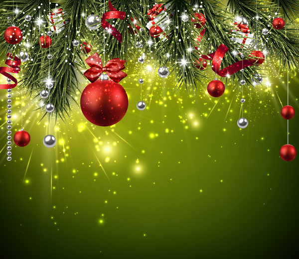 Grön bakgrund med glänsande jul Grans kulor vektor  