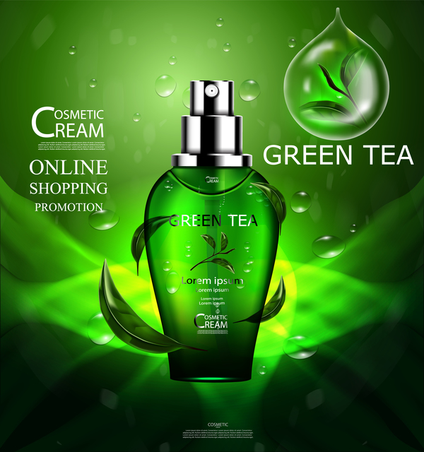 Kosmetischer Cremewerbungsplakatschablonenvektor 16 des grünen Tees  