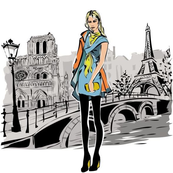 パリ旅行の背景ベクトル 02 手描き gril  