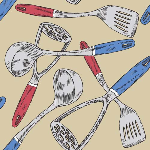 手描きキッチン道具のシームレスなパターン ベクトル 03  