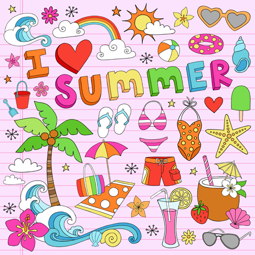 Hand drawn summer sun beach vector material 01  