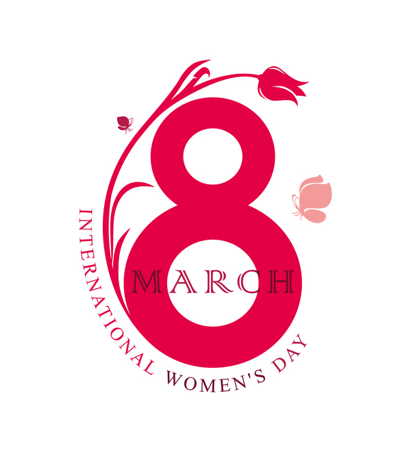 March 8 Happy Women Day. Flat simple symbol Eight with flower and butterfly vector  