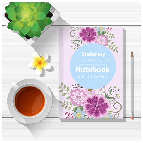 Notebook with wooden table background vector 06  