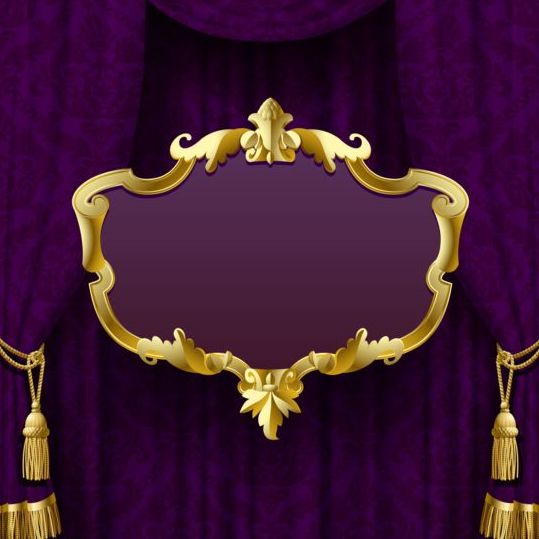 金色のフレームベクトルを持つ紫色のカーテン  
