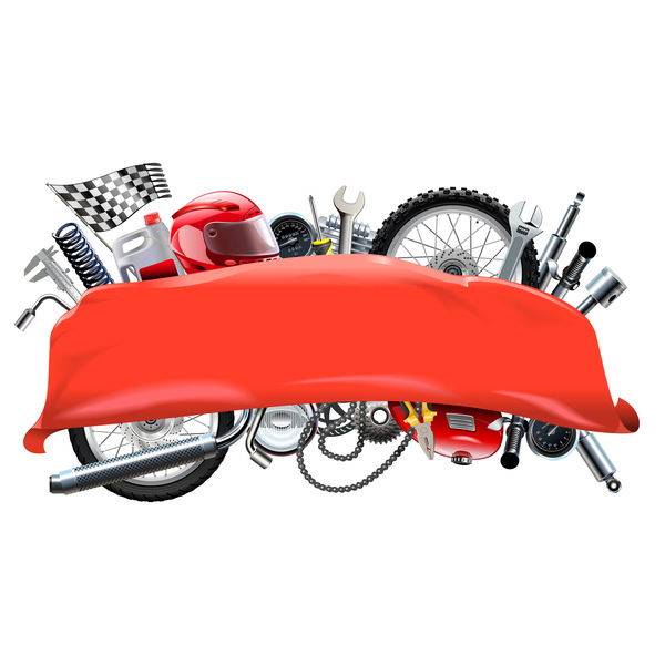 Vecteur de bannière rouge avec des pièces de rechange de moto  