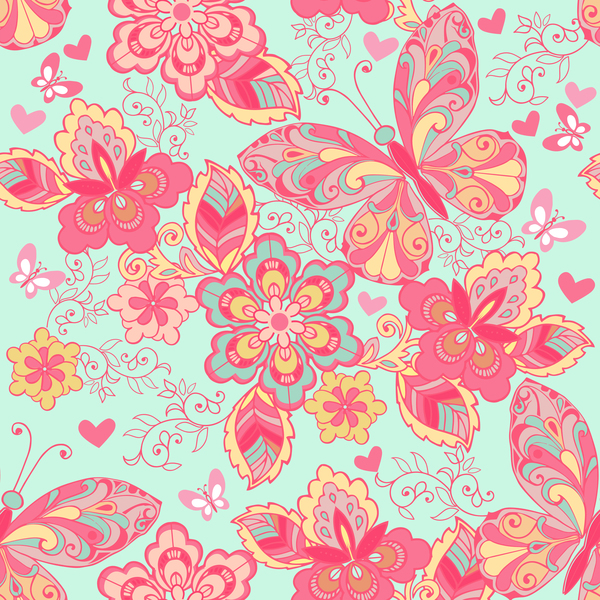 Nahtlose Verzierung mit rosa Schmetterlingen und blauem Hintergrundvektor  