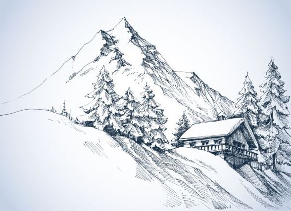 Neige montagnes hiver paysage dessiné à la main vecteur 01  
