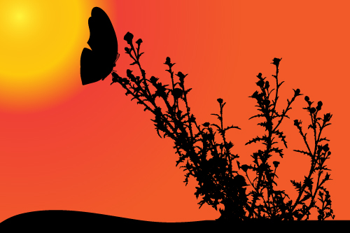 Sunset with butterfly silhouette vector material 02  