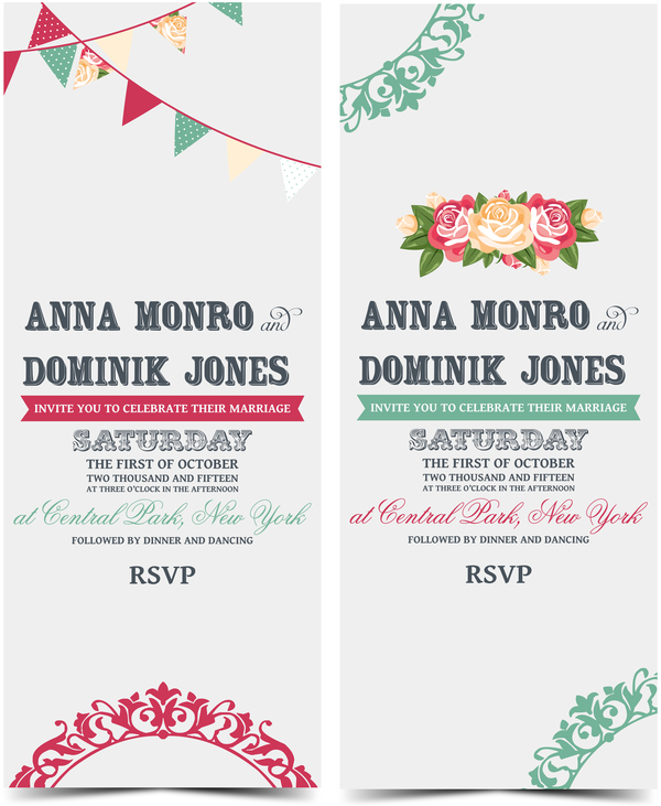 Wedding invitation vertical card with flower vector 06  