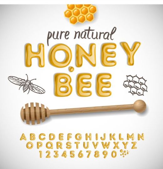 꿀, 꿀벌, 알파벳,와, 숫자 벡터  