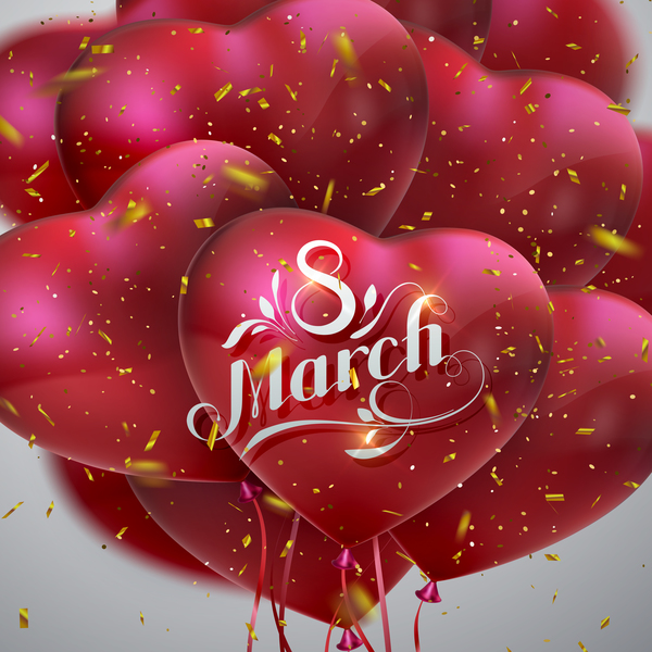 Carte de jour 8 mars womens avec vecteur de ballons de forme de coeur 06  
