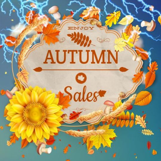 Herfst verkoop achtergrond met bliksem en zonnebloem vector 04  