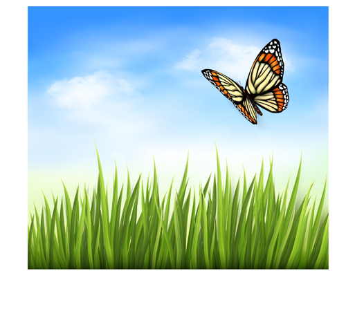 Beautiful butterfly and green grass vector background 03  