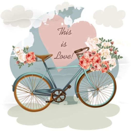 Biciclette con fiore rose rosa e vettore di sfondo cuore  
